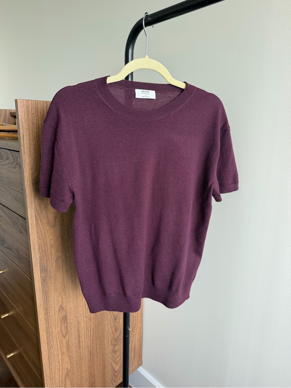 Aritzia Merino Wool Short-Sleeve Crewneck Knit Top Size S Burgundy